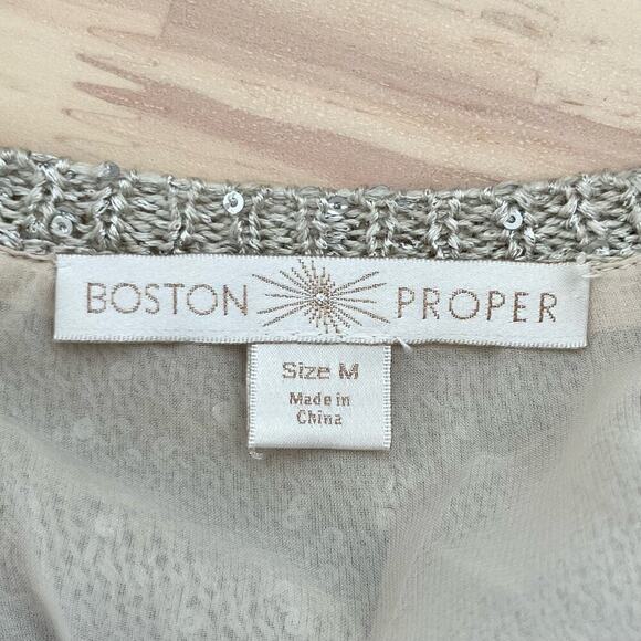 Boston Proper Sequin Embellished Open Knit Sweater Chiffon Lining in Cream, Sz M - Picture 3 of 11